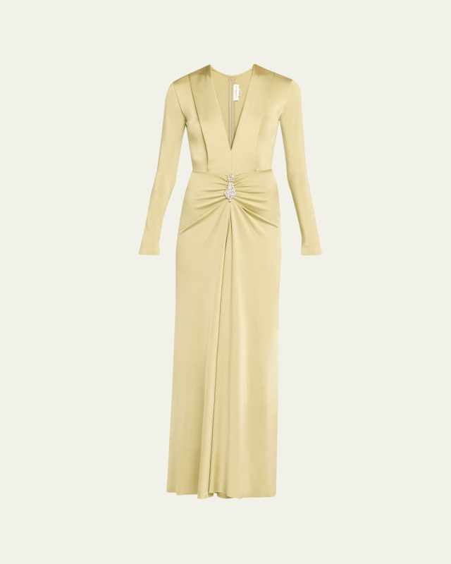 Plunging Gathered Crystal Long-Sleeve Gown